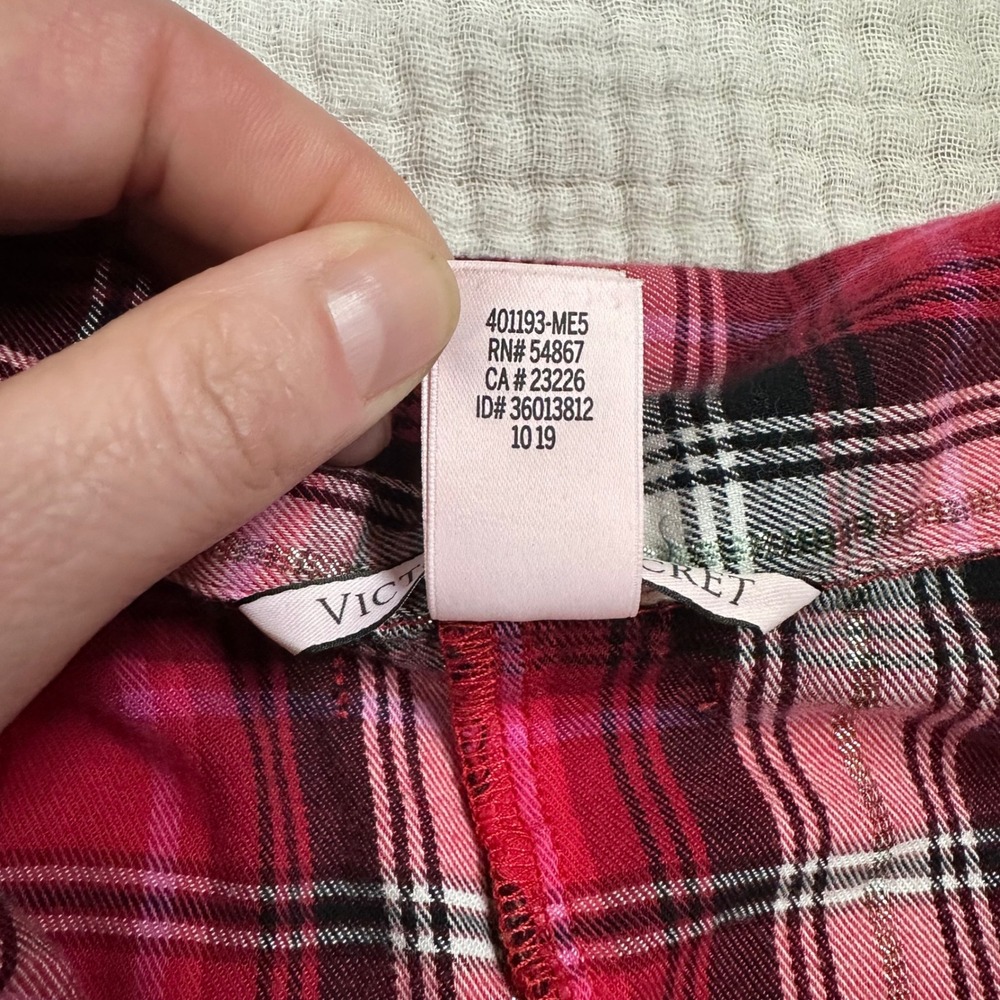 VICTORIA'S SECRET size L Red Pink & Plaid Flannel Romper 1 Pc belted Pajamas - Picture 5 of 11